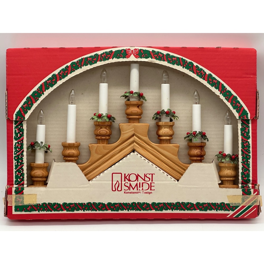 Vintage Konstsmide 7 Light Electric Candle Bridge Pine Wood Christmas Decor 2142